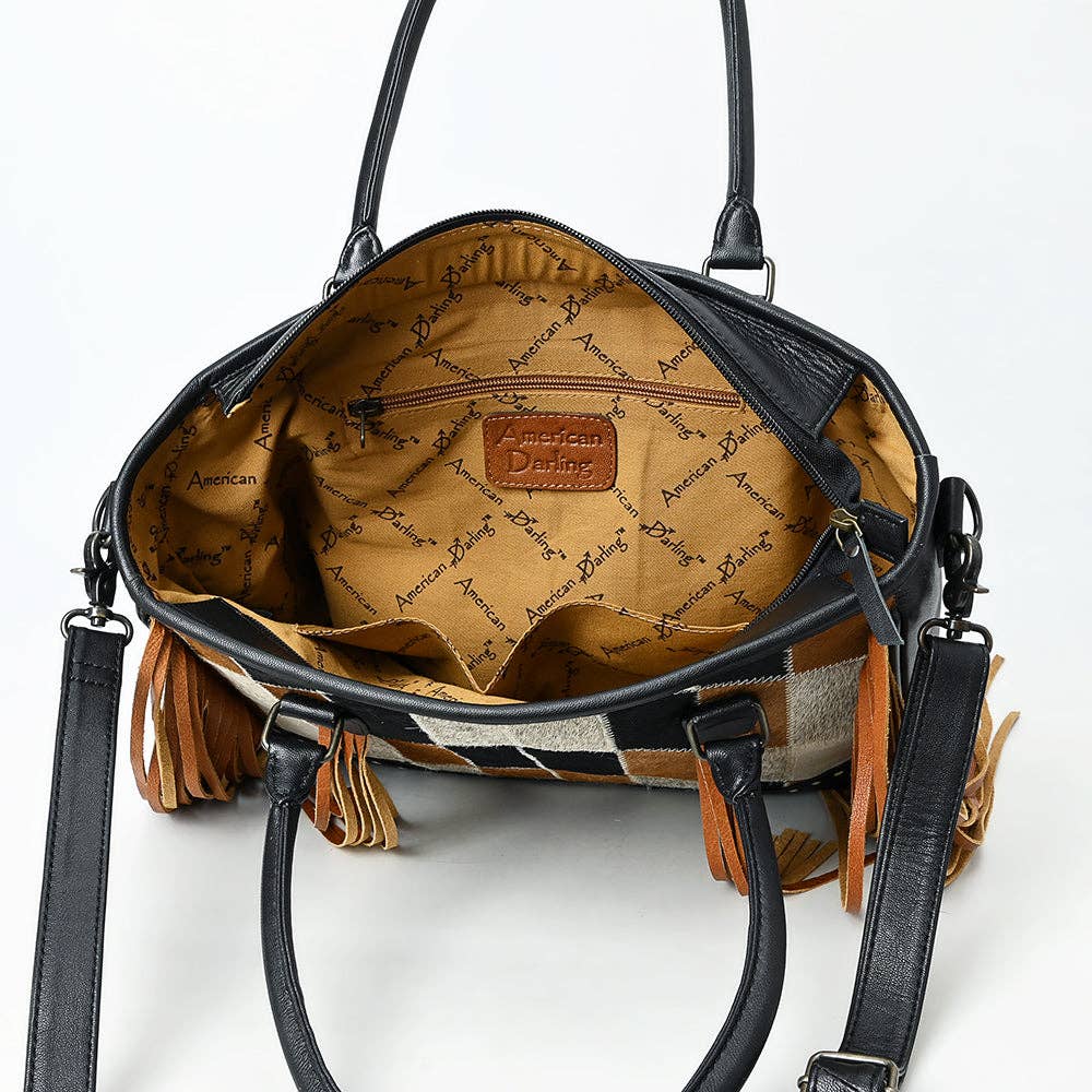 Handmade Western Leather Tote Bag with Hair-On Cowhide & Fringe