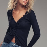 Lace Trim Button-Front Ribbed Knit Top