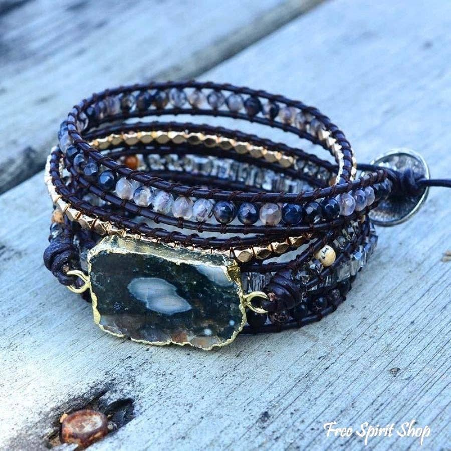 Natural Black Ocean Agate Beaded Wrap Bracelet