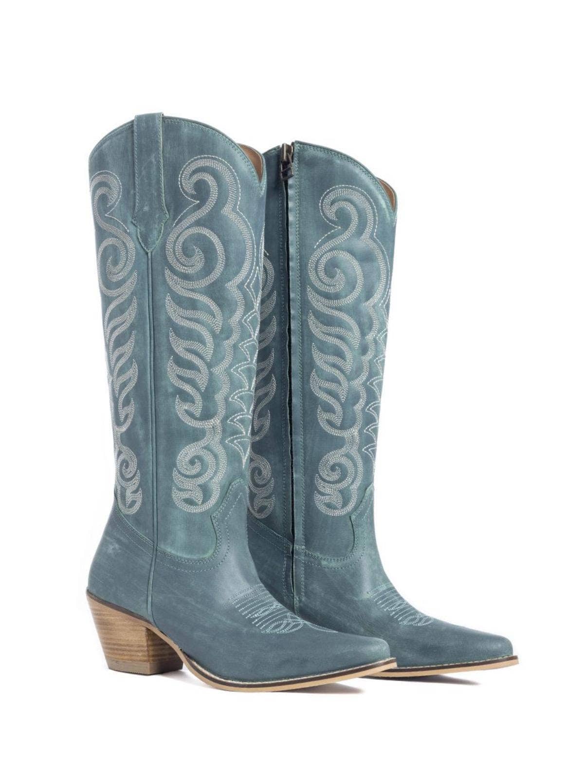 Myra Traditional Leather Cowgirl Boots, Turquoise