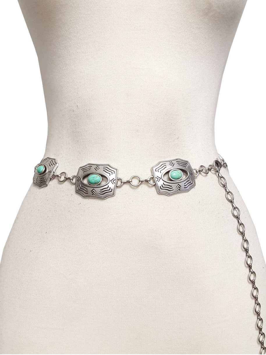 Western Silver Rectangular Concho Chain belt with stones