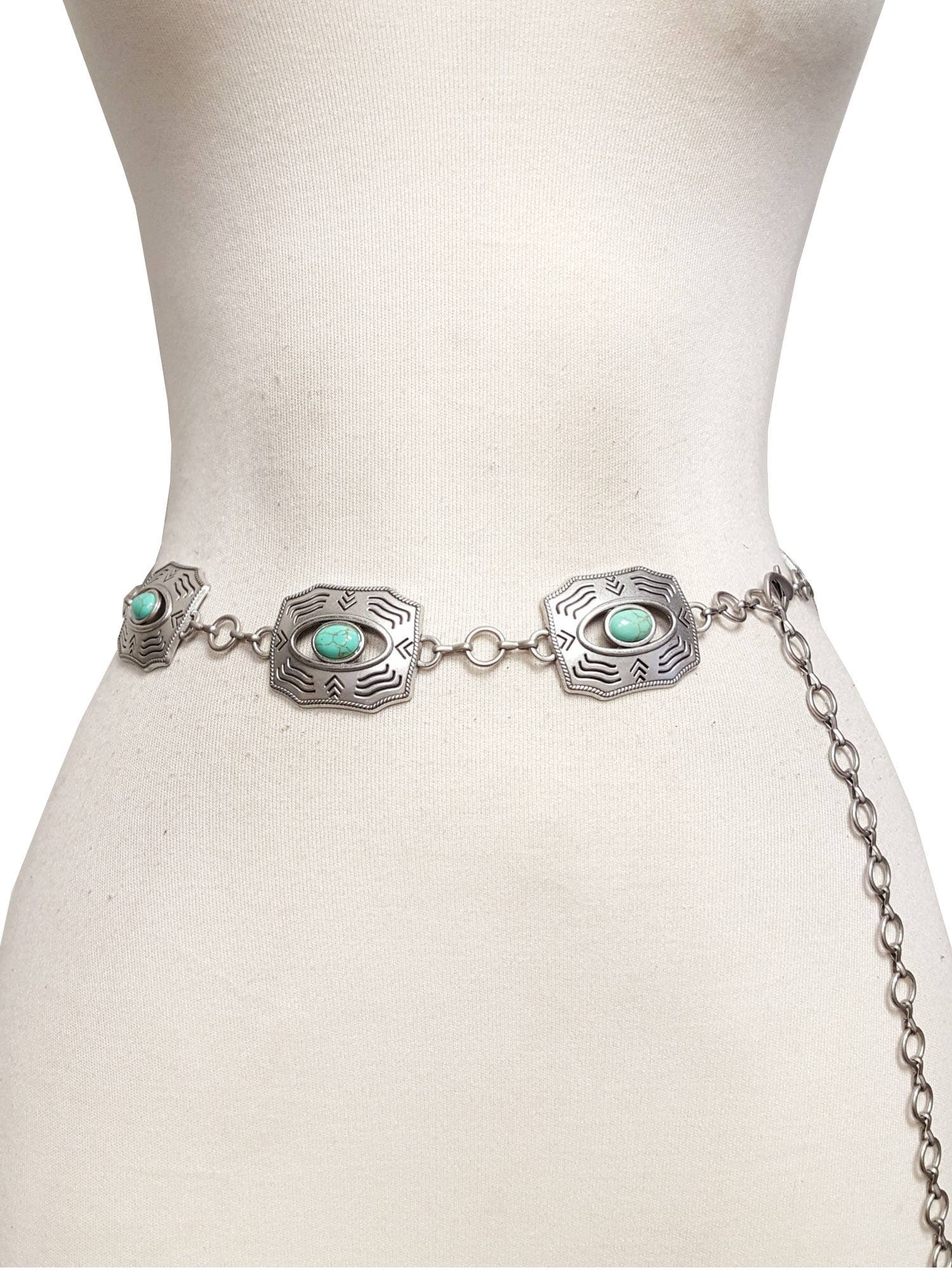 Western Silver Rectangular Concho Chain belt with stones