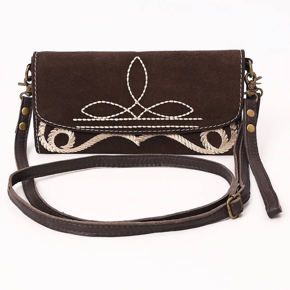 Western Clutch Crossbody Bag with White Rope Stitch Embroidery
