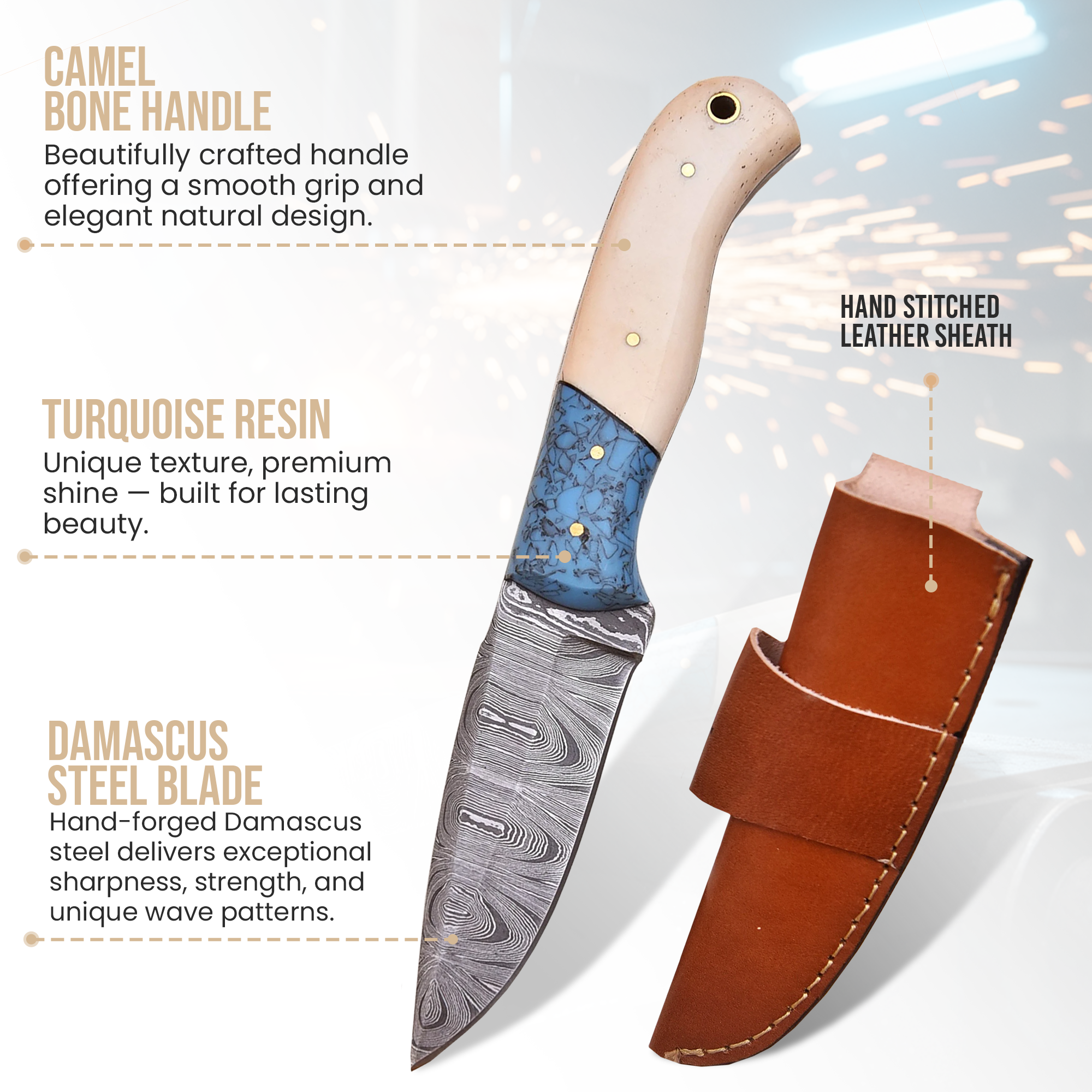 8' Handmade damascus steel knife with leather sheath