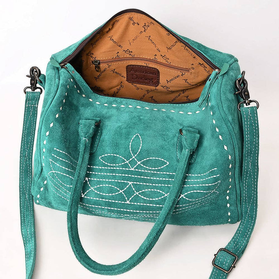 Western Suede Boot Stitch Duffel Bag, Turquoise