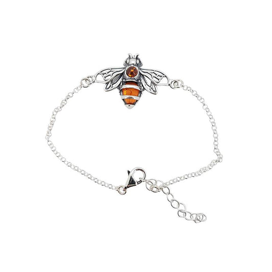 Cognac Amber Sterling Silver Bee Link Bracelet