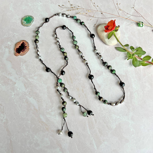 African Turquoise Pearl Mix Long Lariat Layering Necklace