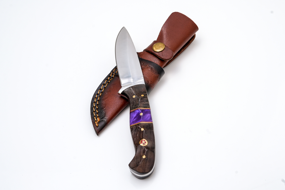 Hand-Forged Satin Finish Hunter Knife, Purple Pearl Resin & Textured Wood