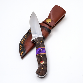 Hand-Forged Satin Finish Hunter Knife, Purple Pearl Resin & Textured Wood