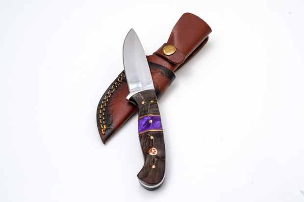 Hand-Forged Satin Finish Hunter Knife, Purple Pearl Resin & Textured Wood