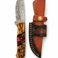 Damascus Drop Point Knife | Bocote Wood & Ruby Red Resin Handle