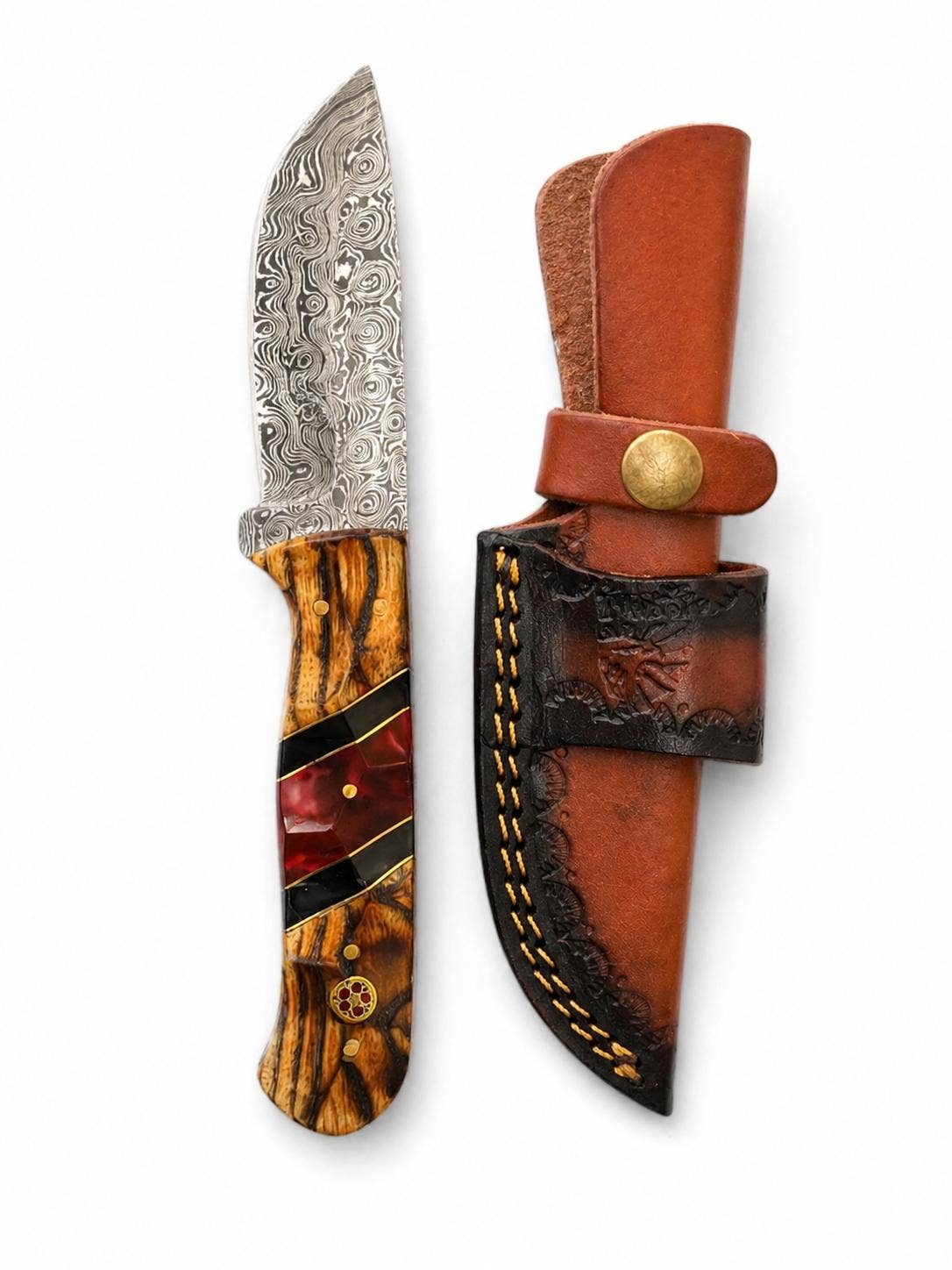 Damascus Drop Point Knife | Bocote Wood & Ruby Red Resin Handle