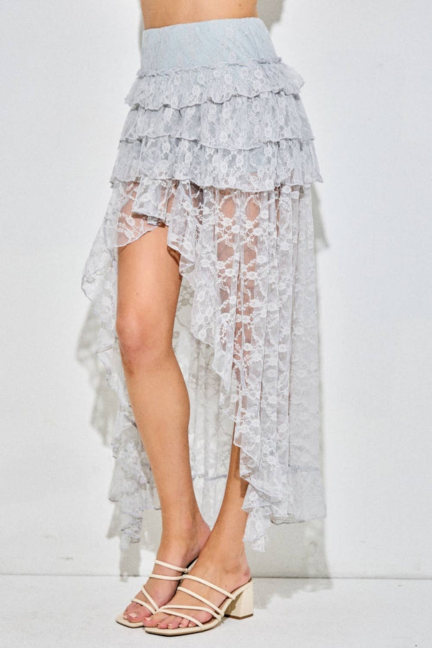 Lace Ruffle Tiered High-Low Maxi Skirt, light blue