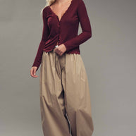 Lace Trim Button-Front Ribbed Knit Top