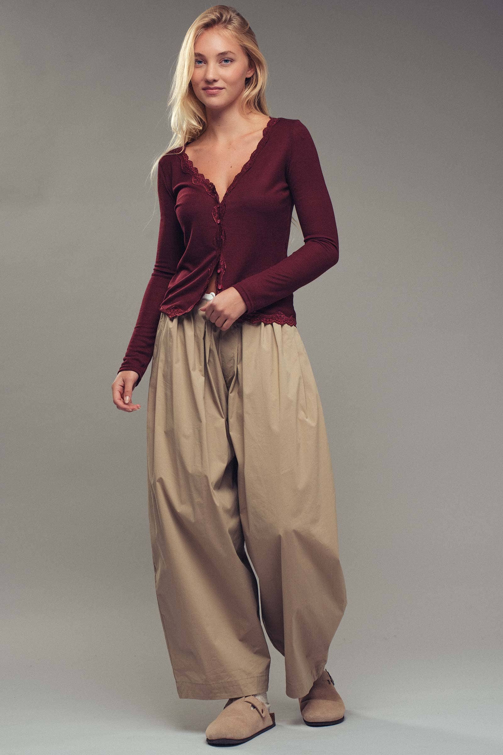 Lace Trim Button-Front Ribbed Knit Top