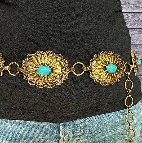 Turquoise Gem Gold Concho Belt