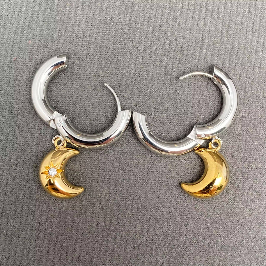 CZ Inlaid Moon 18K GP S. Steel Huggie Earrings