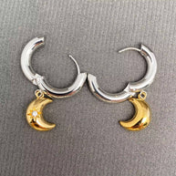 CZ Inlaid Moon 18K GP S. Steel Huggie Earrings
