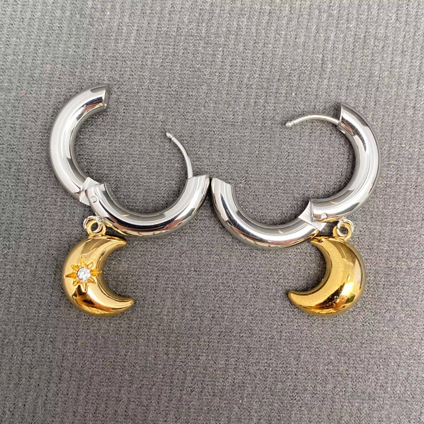 CZ Inlaid Moon 18K GP S. Steel Huggie Earrings