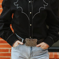 Black Denim, Puff Sleeve Pearl Snap Embroidered Shirt