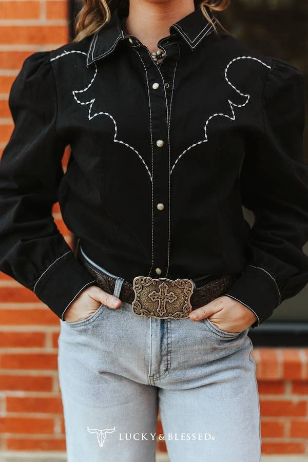 Black Denim, Puff Sleeve Pearl Snap Embroidered Shirt