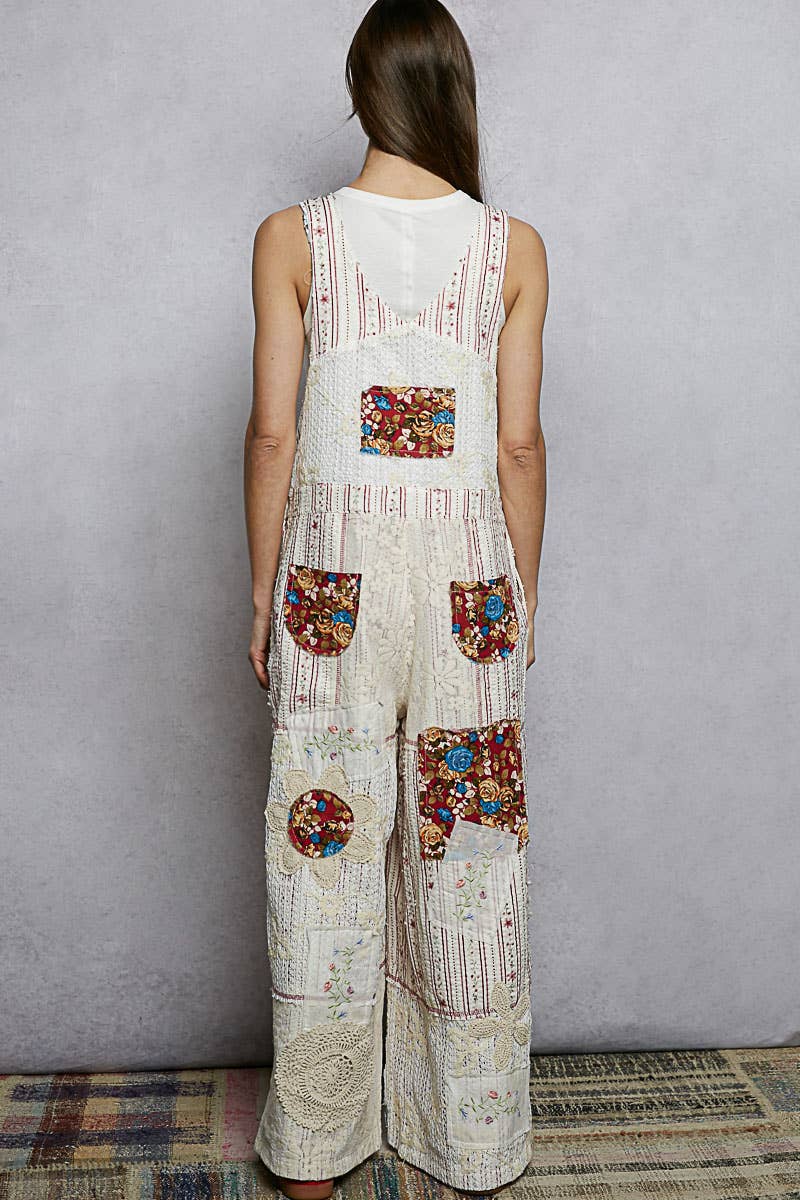 Floral Patchwork Woven Overalls