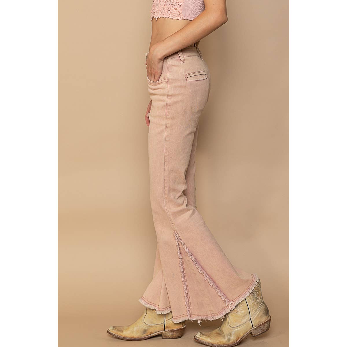 Frayed edge twill flare pants