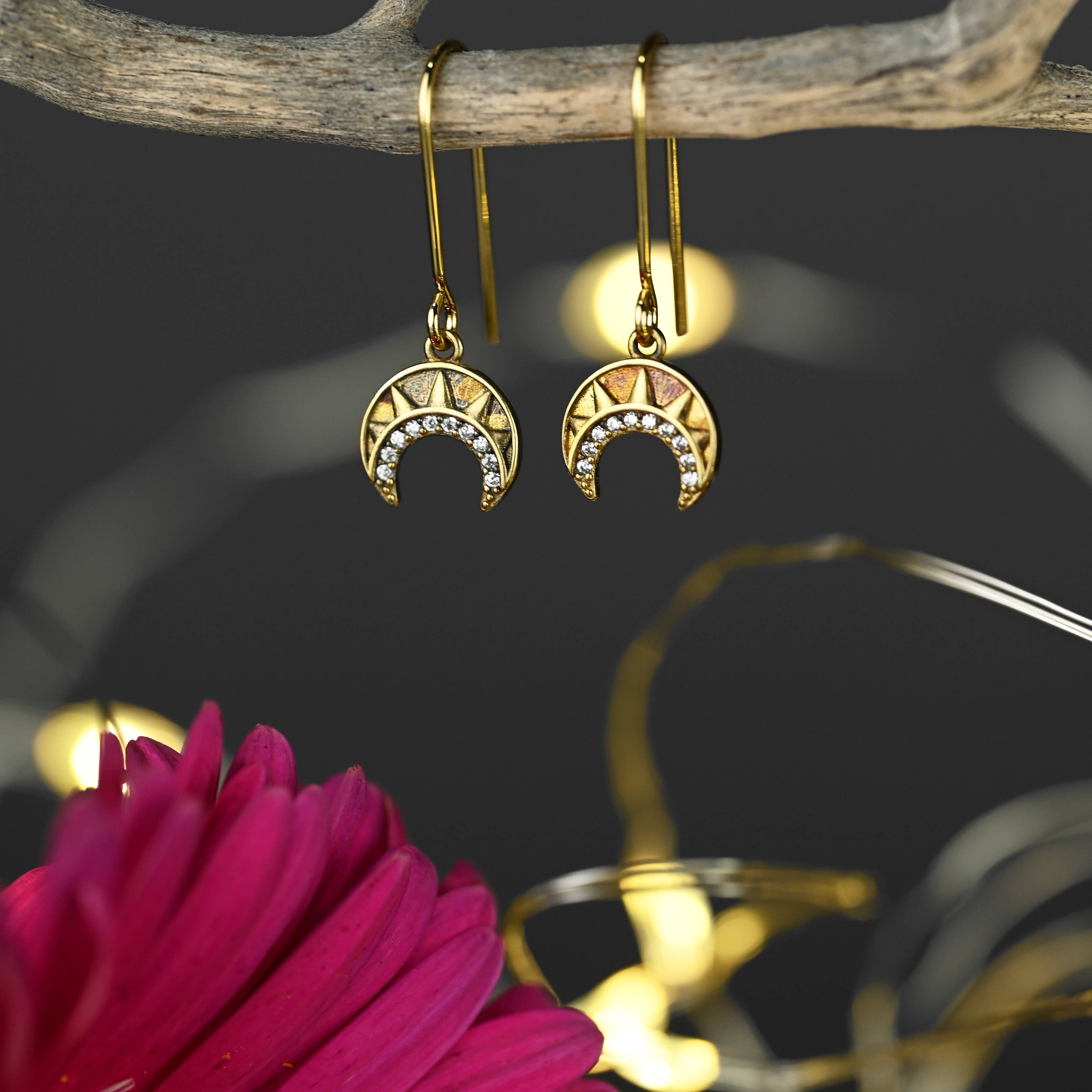 Vintage Deco Crescents w/ Tiny Crystals Earrings