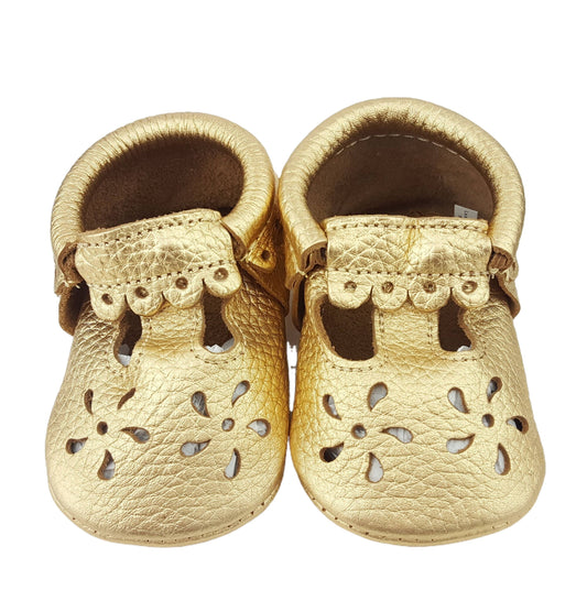 Mary Jane Gold Soft Genuine Leather Baby Moccasins