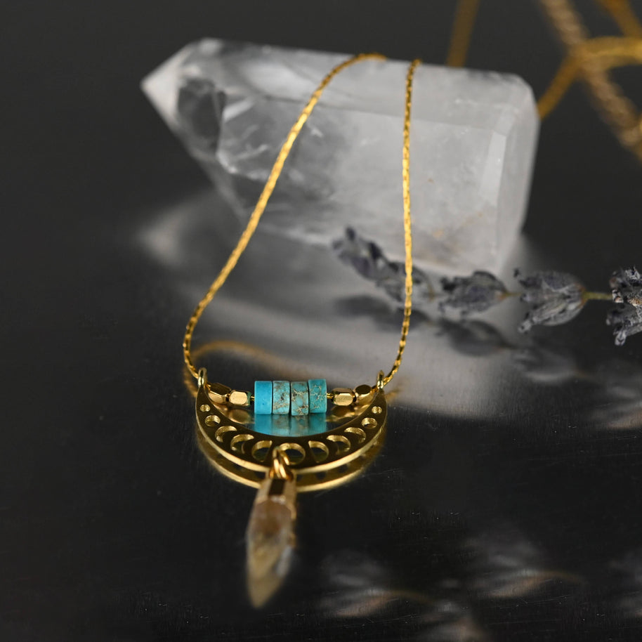 Moon Phase Necklace w/ Turquoise Jasper & Crystal