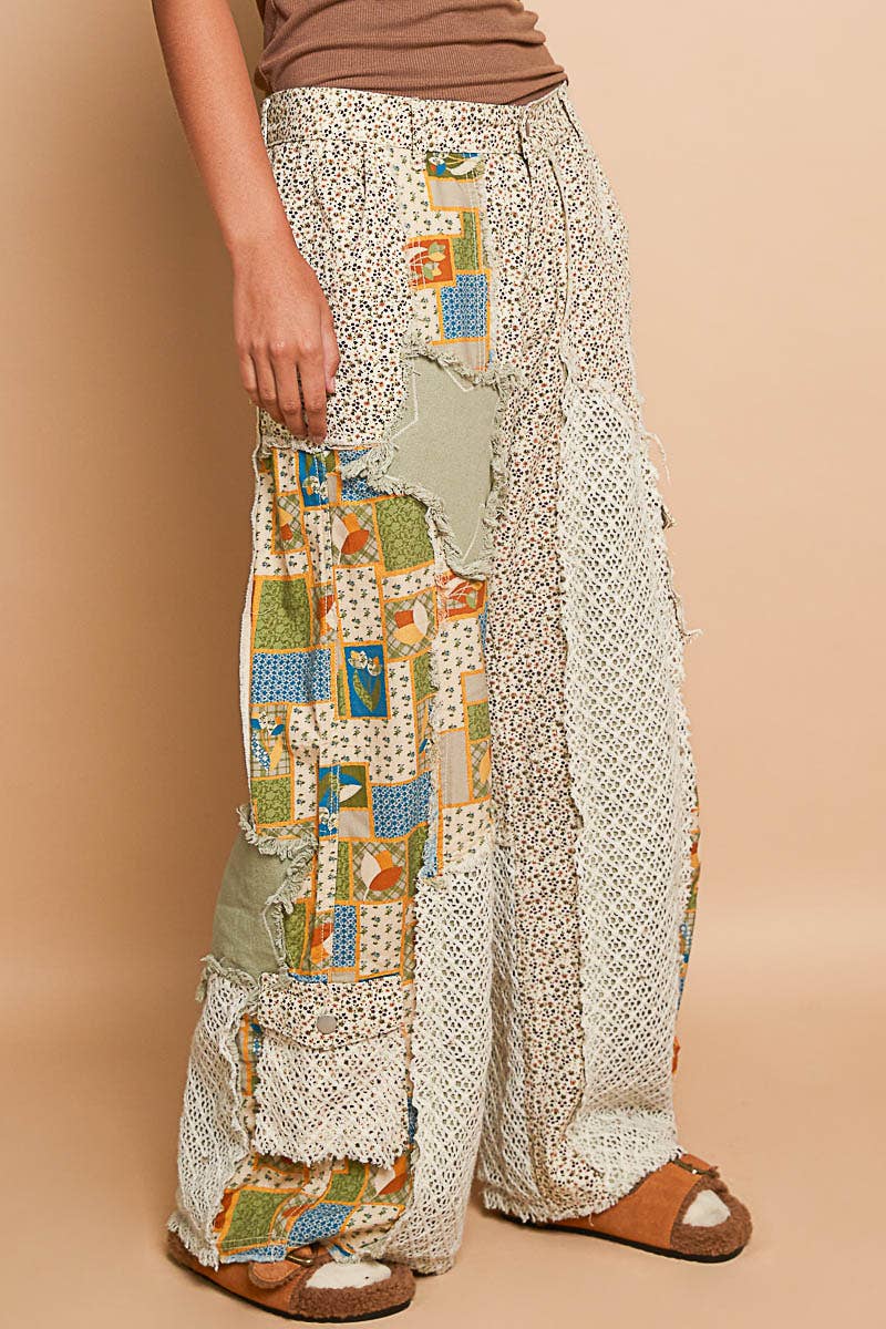 Printed patchwork detail woven twill pants