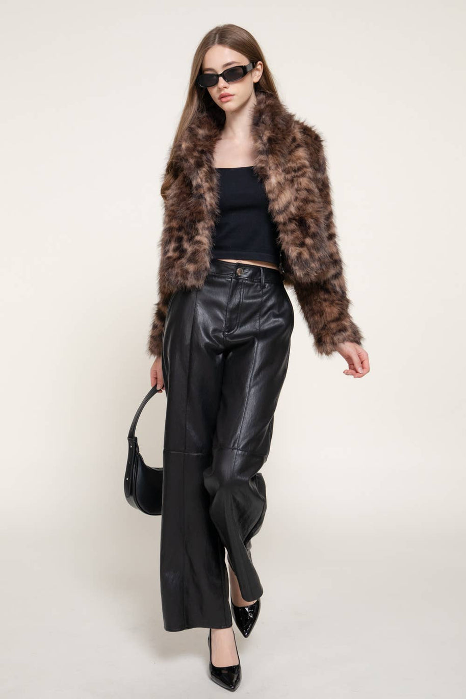 Long Sleeve Notched Collar Printed Faux Fur Jacket