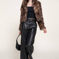 Long Sleeve Notched Collar Printed Faux Fur Jacket