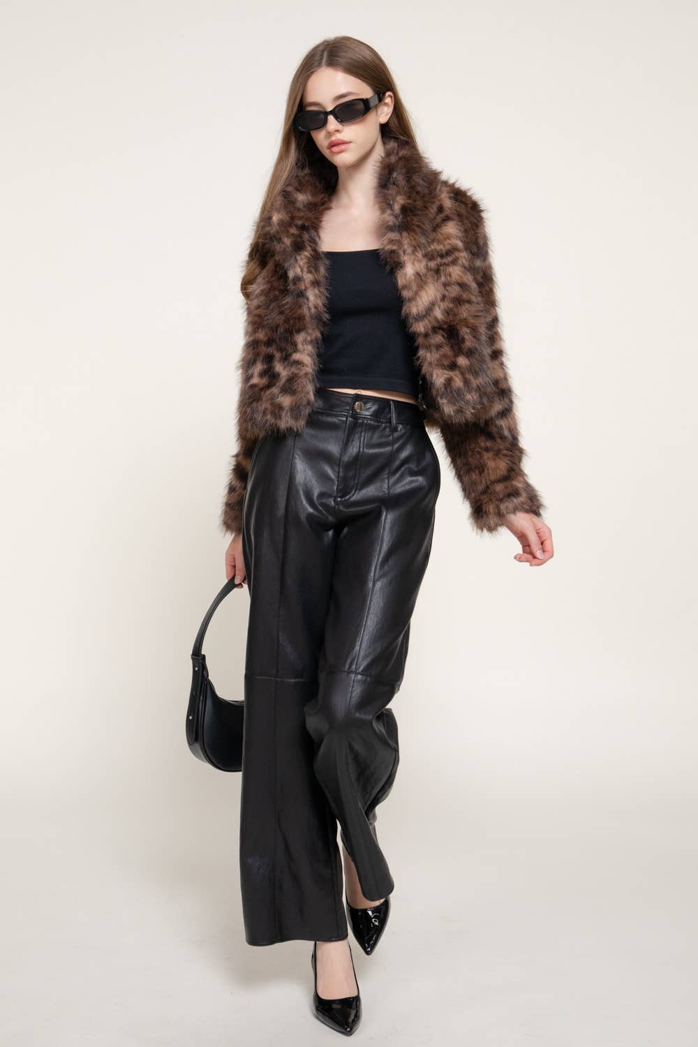 Long Sleeve Notched Collar Printed Faux Fur Jacket