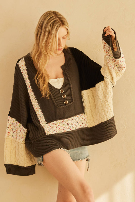 Multi-Fabric Color Block Lace Sweater