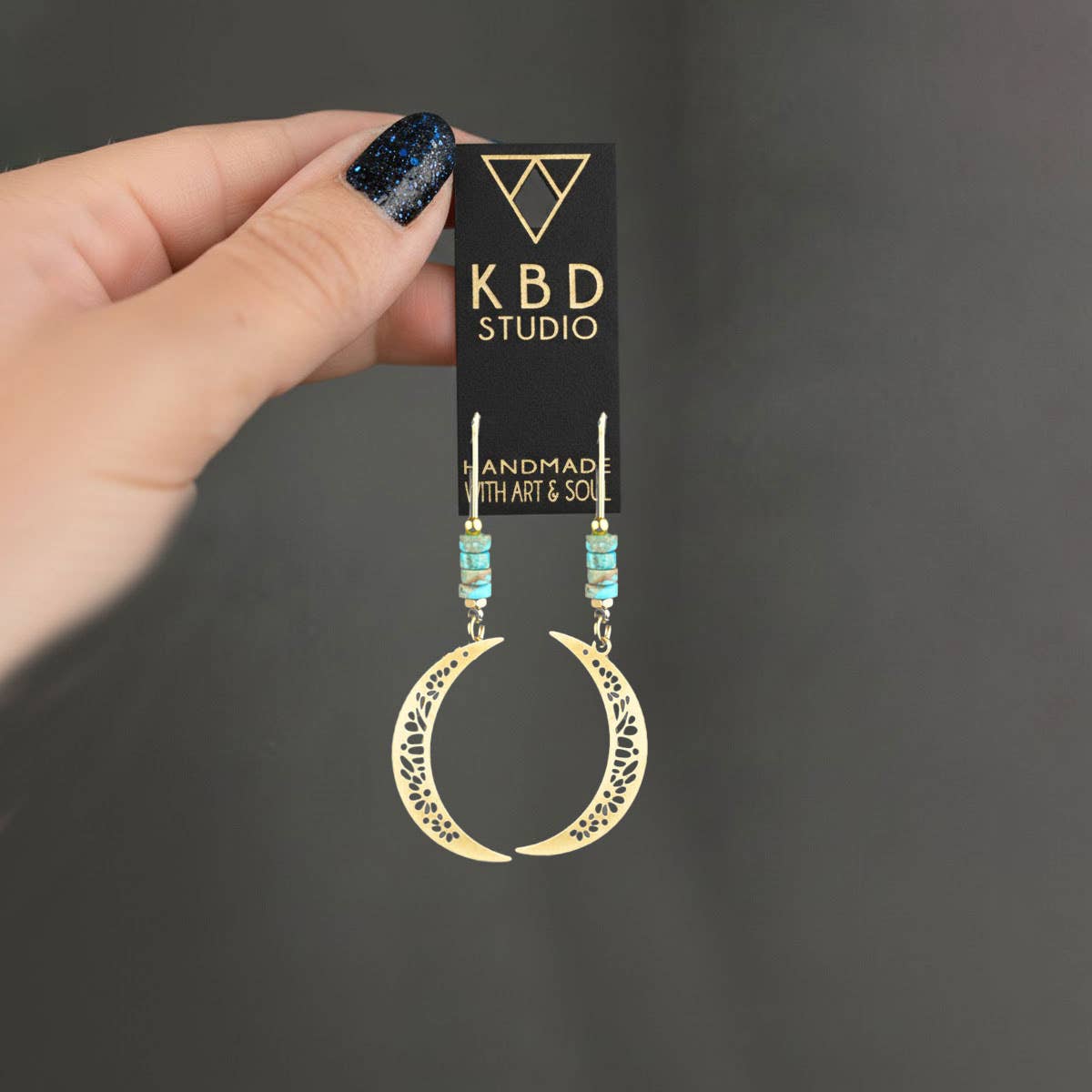 Laser Cut Delicate Moon & Turquoise Long Wire Earrings