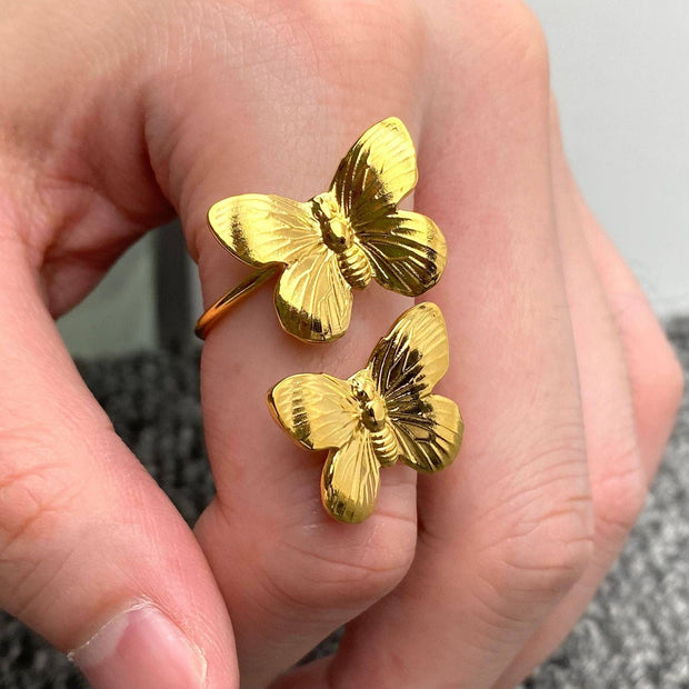 18K Gold Plated Steel Adjustable Double Butterfly Ring - FGS
