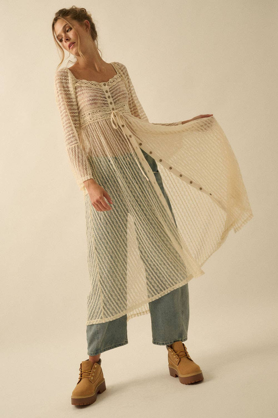 Sheer Layering Midi Dress/Duster, Natural