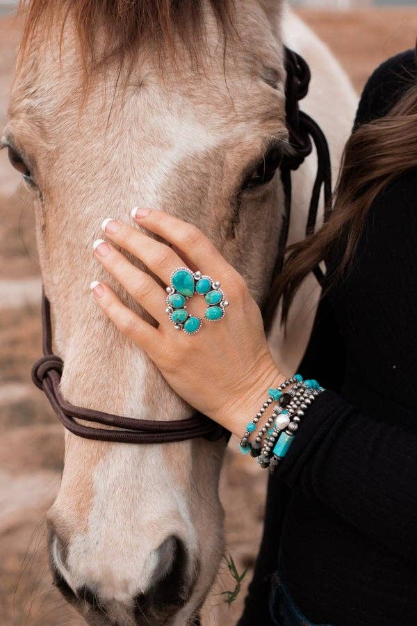 Turquoise & Silver Squash Blossom Adjustable Ring