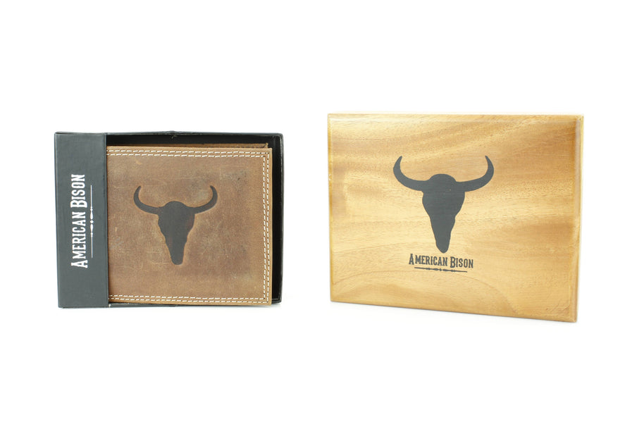 Men’s Bi-Fold Wallet with Bison Skull, Tan
