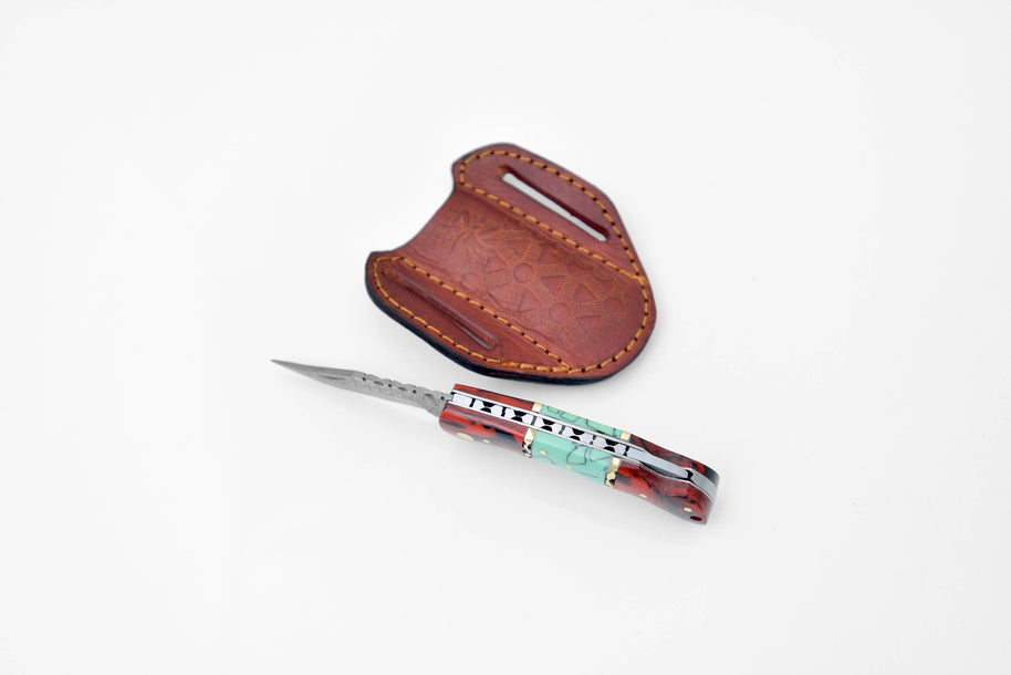 Damascus Steel Limited Run Red & Blue Pocket Knife