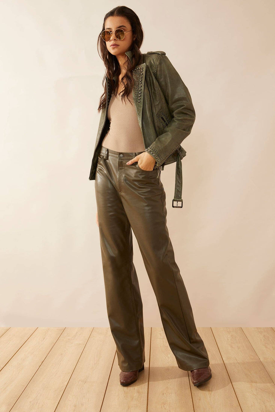 Aansila Green Leather Biker Jacket