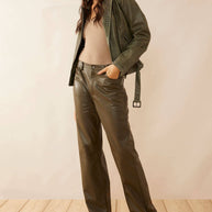 Aansila Green Leather Biker Jacket