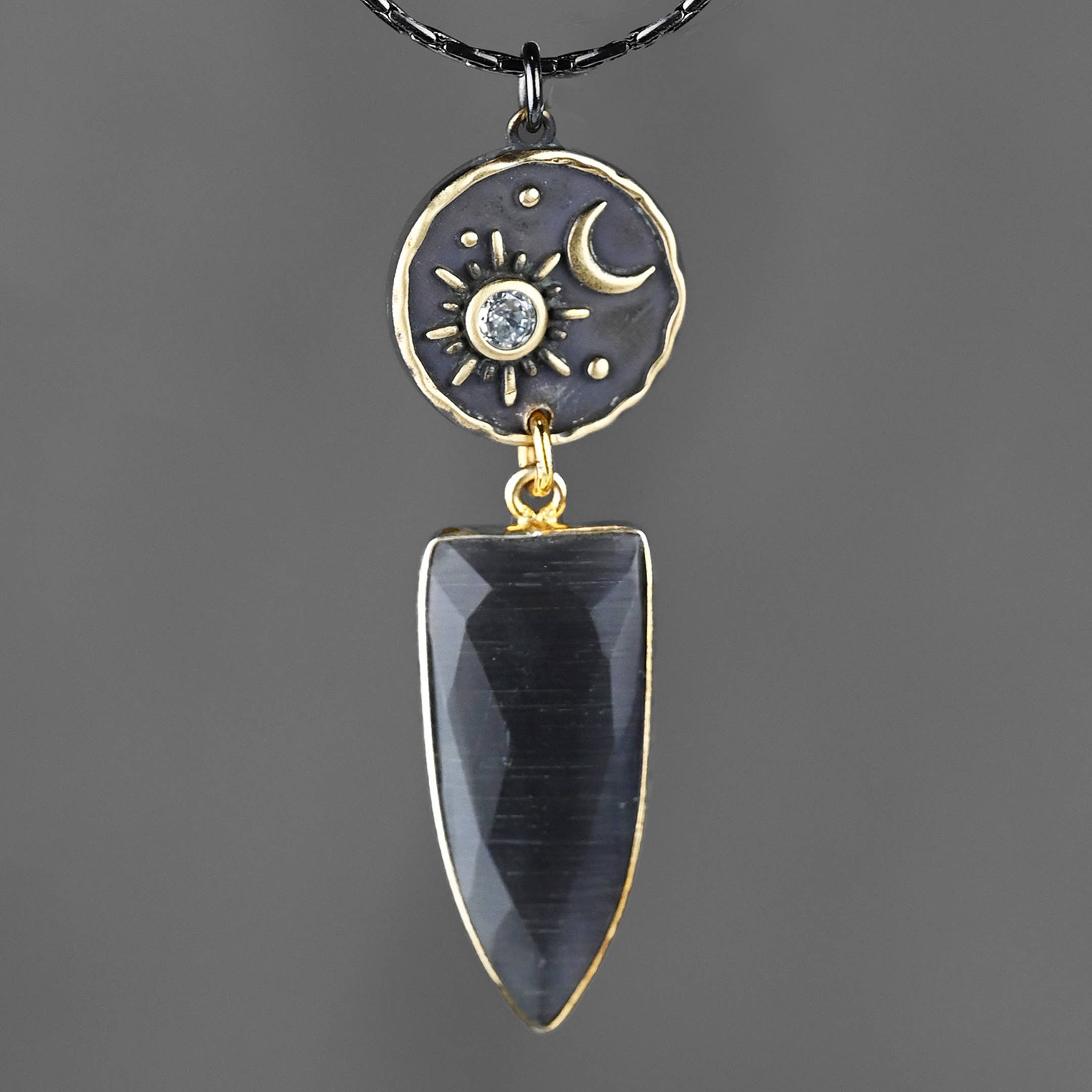Moon and Star w/ Charcoal Glass Drop Necklace