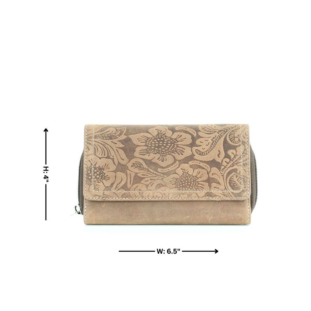 American Bison Floral Tooled Ladies Flapover Clutch