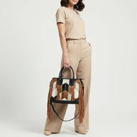 Handmade Western Leather Tote Bag with Hair-On Cowhide & Fringe