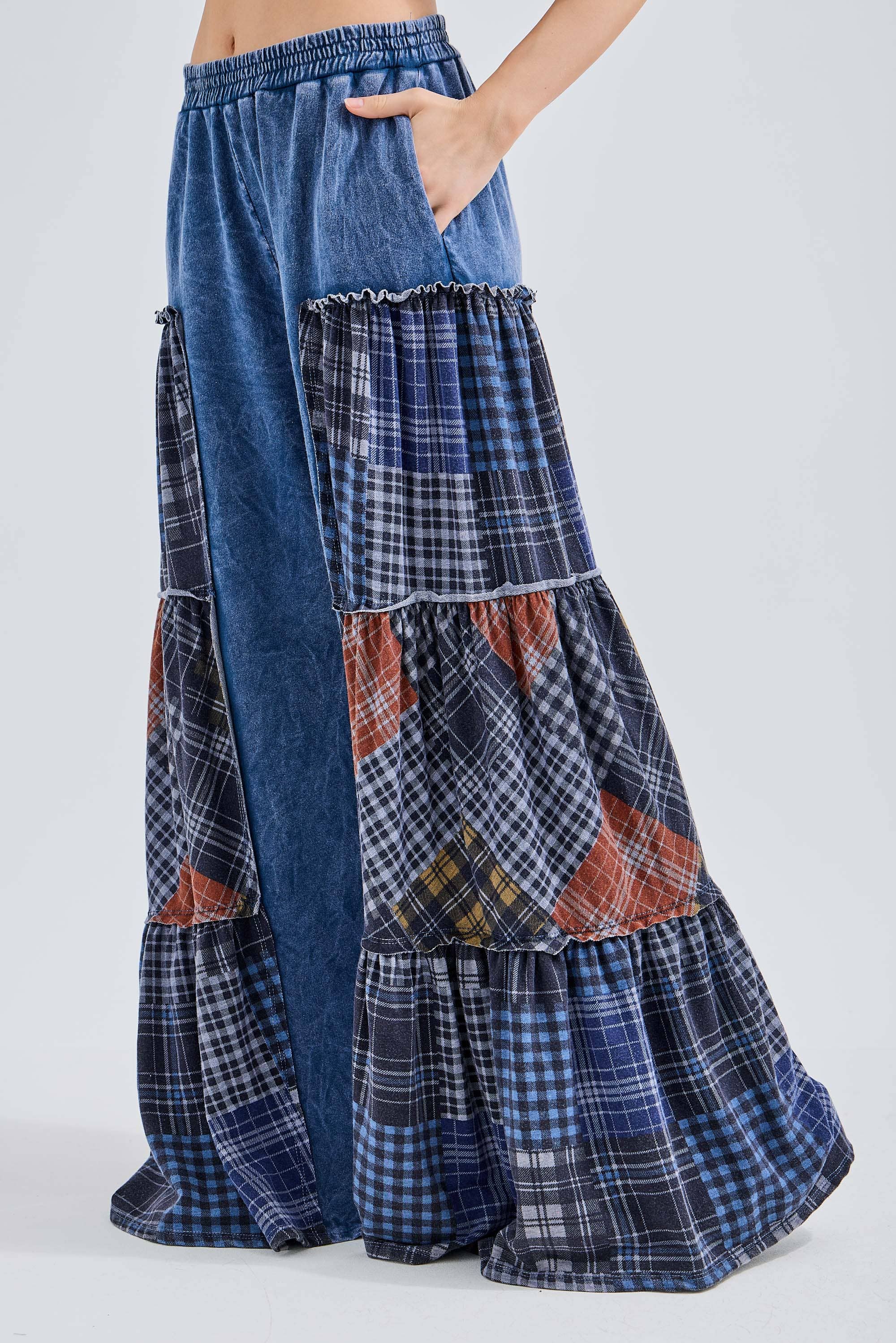 Mineral Washed Tiered Plaid Wide Flare pants HP6675