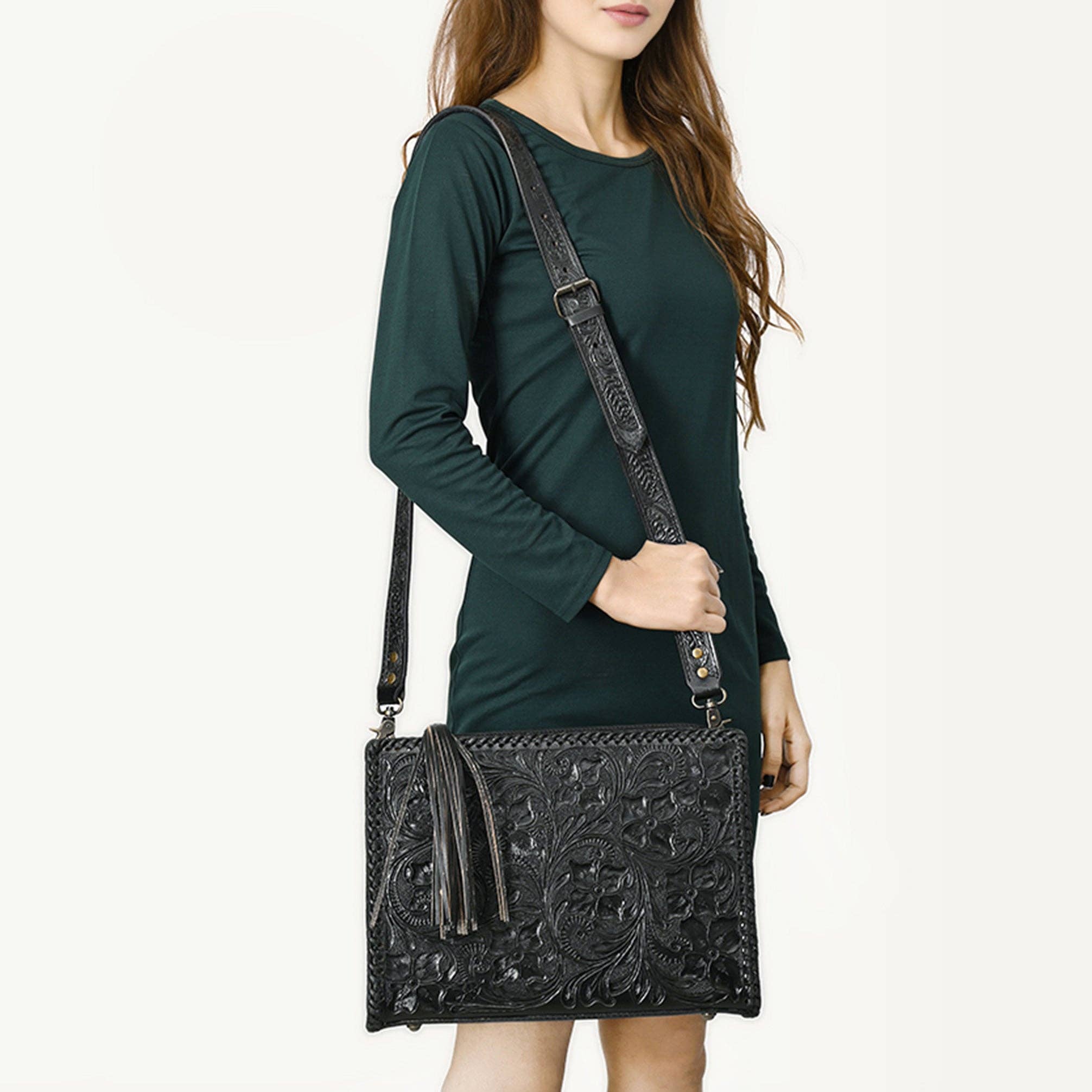 American Darling Hand-Tooled Western Leather Crossbody Bag - Genuine Floral Carved Artisan Purse