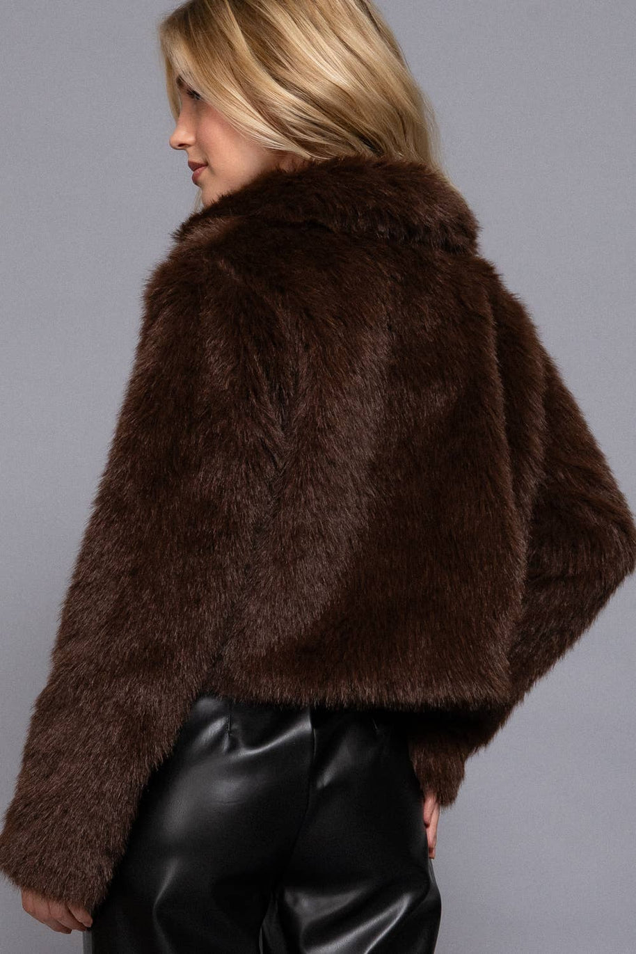 Long Sleeve Notched Collar Faux Fur Cropped Jacket