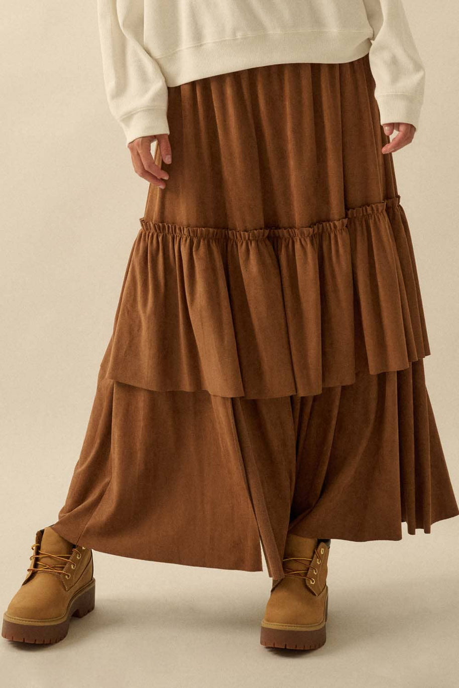 Faux Suede Tiered Maxi Skirt
